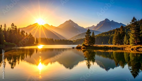 Serene sunrise over mountain lake
