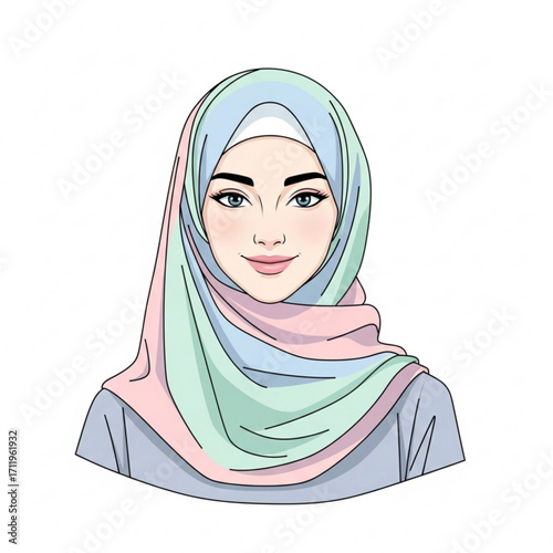 Illustration of portrait of a young woman wearing a colorful hijab