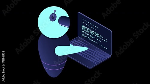 Futuristic robot interaction with computer animation. Isometric AI robot. Digital communication chatbots. Isometric technology. Transparent background with alpha channel