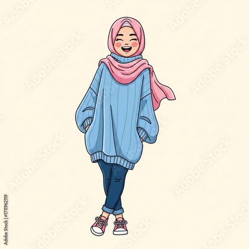 Illustration of a happy young muslim girl wearing a hijab and a blue sweater