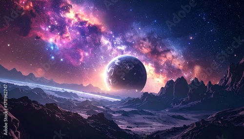 Alien landscape with a vibrant nebula