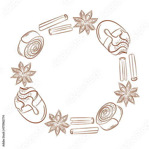 Circular wreath frame with hand drawn cinnamon roll, stick, coffee and star anise spices in line art style on white background with empty center.