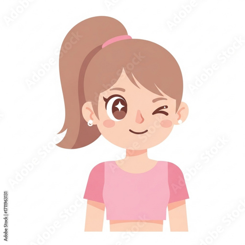 Illustration of cute cartoon girl with ponytail winking