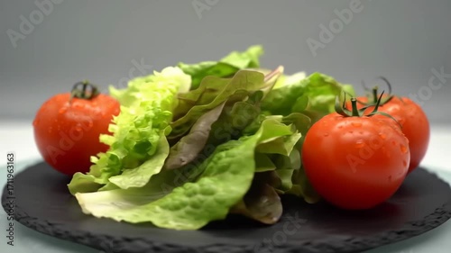 Fresh salad and ripe tomatoes on black slate plate, healthy food