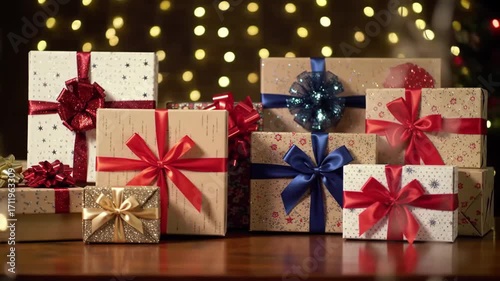 Festive holiday gifts with red, blue, and gold ribbons, sparkling background.