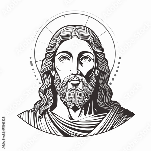 Iconic Portrait of Jesus Christ A Detailed Black and White Illustration