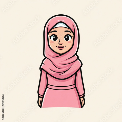 Illustration of cute cartoon girl wearing a pink hijab and dress, smiling