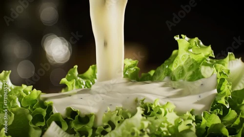 Creamy dressing being poured over fresh green lettuce for a salad.