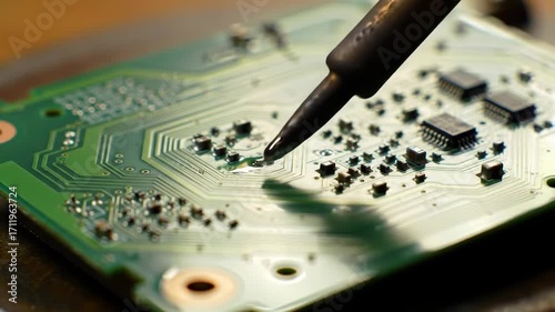 Close-up of soldering iron repairing a green circuit board with intricate details