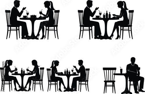 Silhouettes of people dining, café conversation, social interaction, table setting, drink sharing, reading alone, restaurant scene, lifestyle illustration, black figures