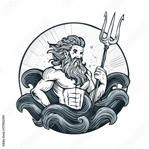 Striking graphic illustration of a powerful mythological sea god, a bearded ancient deity, emerging from ocean waves and wielding his iconic trident, embodying marine strength and legends