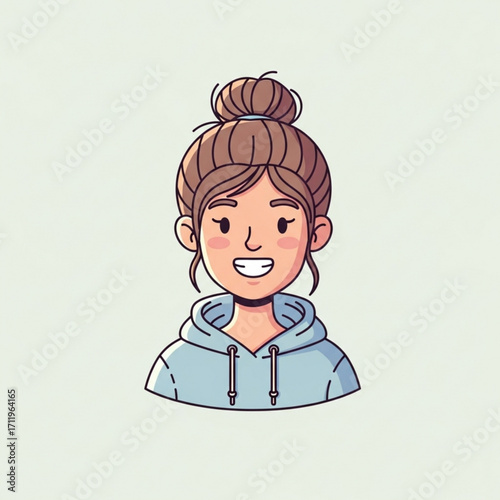 Illustration of cute cartoon girl with messy bun and hoodie smiling