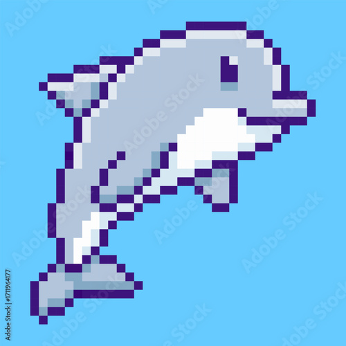 Playful dolphin in a classic retro pixel art style. Capturing the friendly and intelligent marine mammal in a dynamic jumping pose. A perfect symbol for ocean life and aquariums