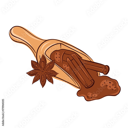 Illustration of cinnamon stick, star anise and ground spice in a wooden scoop on a white background in flat style.