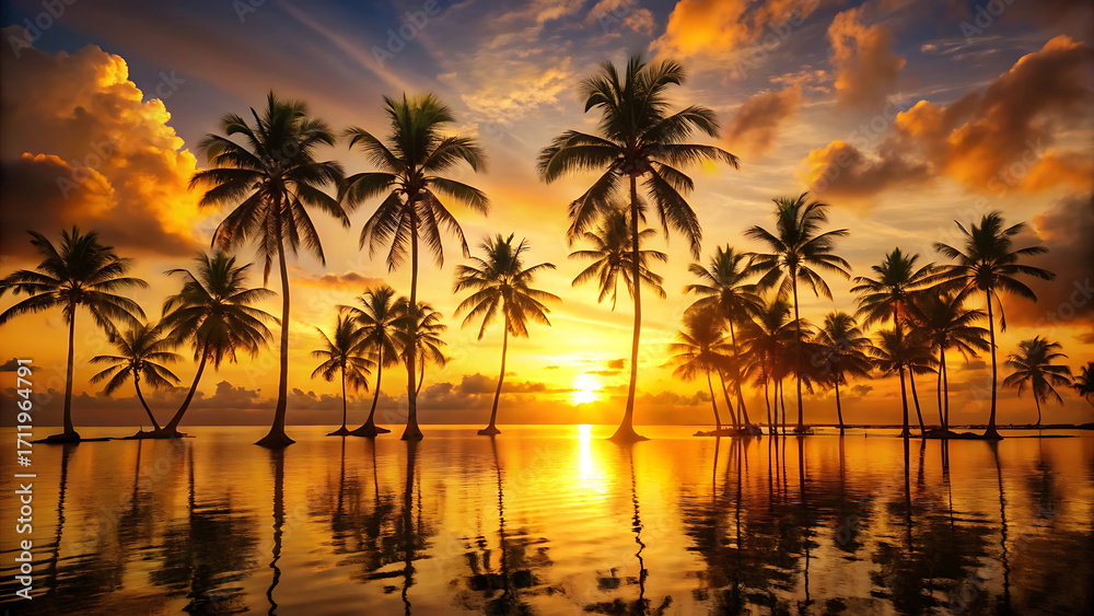 Obraz premium Golden tropical sunset with glowing palm tree silhouettes and waves