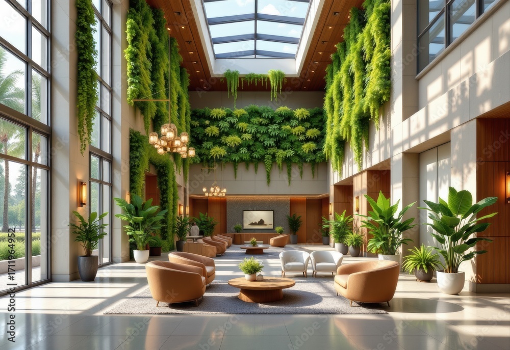 Fototapeta premium cinematic visualization of modern lobby interior with greenery hyper realistic detail showing vertical plants daylight ambiance cozy furniture creating soothing welcoming guest experience atmosphere v