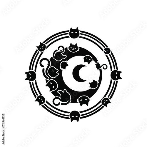 A circular black and white graphic design featuring a crescent moon surrounded by playful cats and a decorative border.