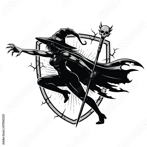 Dynamic illustration of a powerful witch in a pointed hat and cape, holding a skull staff before a cracked shield.