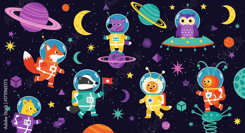 Cartoon Animals Astronauts in Space with Planets, Stars, and Moons Illustration.