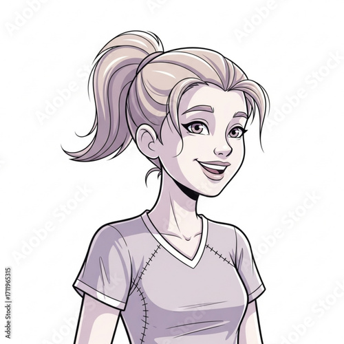 Illustration of cartoon illustration of a young woman with a ponytail