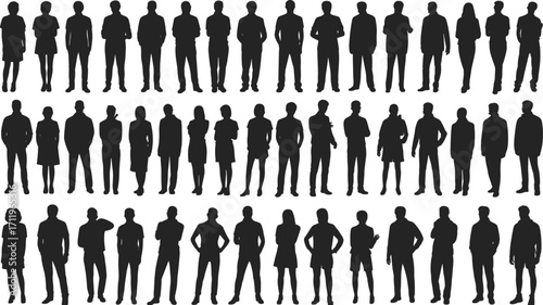 Silhouettes of business people standing, professional men and women, office workers, corporate attire, teamwork, leadership, group diversity, confident pose.