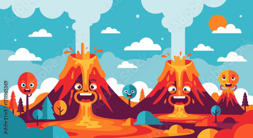 Cartoon Volcanoes Erupting with Lava and Characters in a Whimsical Landscape.