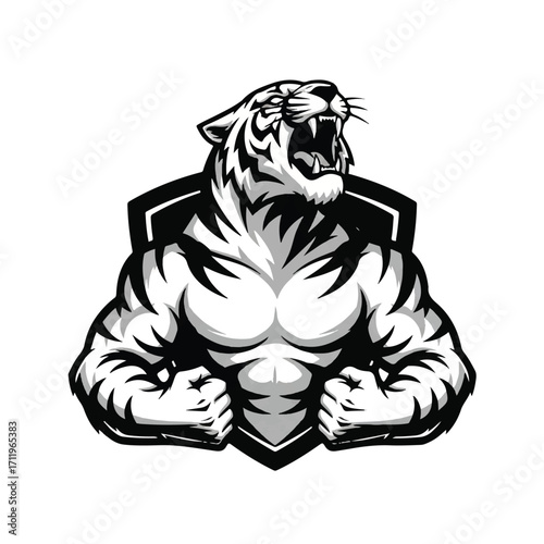 A powerful black and white illustration of a muscular tiger mascot roaring and flexing its biceps in front of a shield.