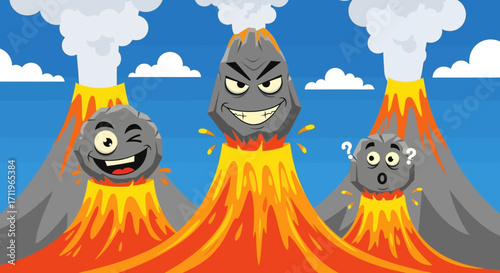 Cartoon Volcanoes with Animated Rock Characters Erupting with Lava.