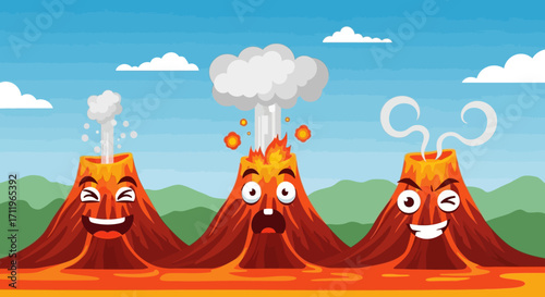 Cartoon Volcanoes with Faces Erupting and Emitting Smoke.