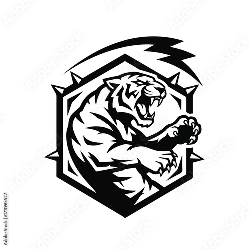 Black and white illustration of a tiger in a spiked hexagon frame.