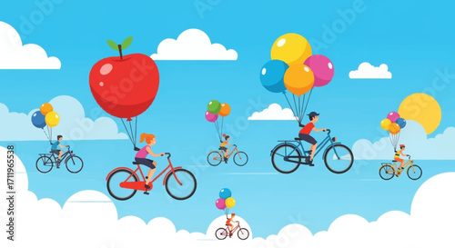 Children Riding Bicycles with Balloons and an Apple in a Cartoon Style.