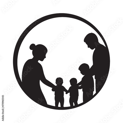Family Silhouette, Circle Emblem of Parents and Children Holding Hands, Symbolizing Unity and Love