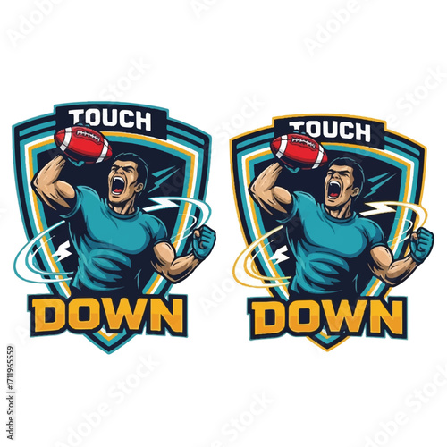 Two identical touch down logos featuring a man catching a football, with the words "TOUCH DOWN" in bold letters.