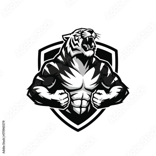A powerful black and white illustration of a muscular tiger mascot roaring and flexing inside a shield emblem.