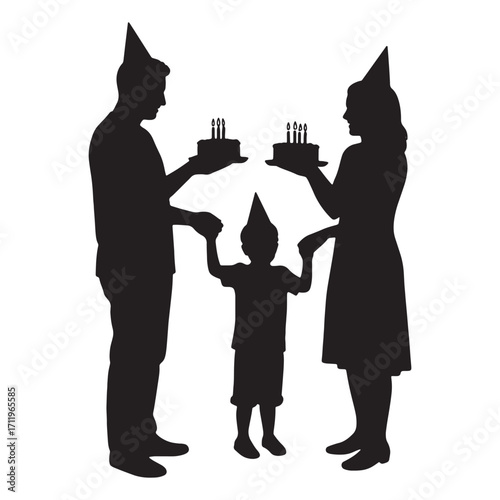 Family silhouette celebrating a birthday with cakes and candles, creating a joyous occasion