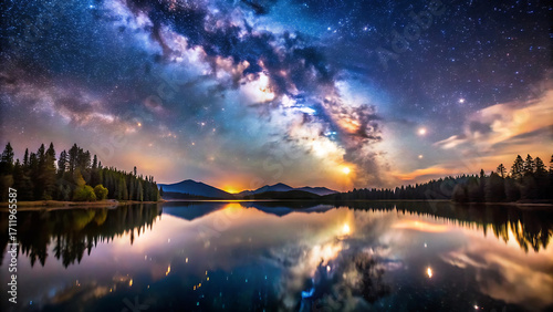 Hyper detailed night sky with milky way above reflective water