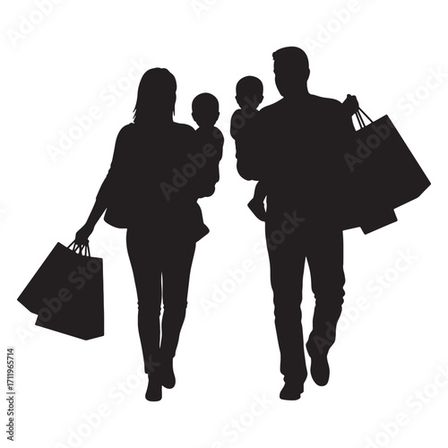 Family silhouette carrying shopping bags and children, representing consumerism and a leisurely lifestyle