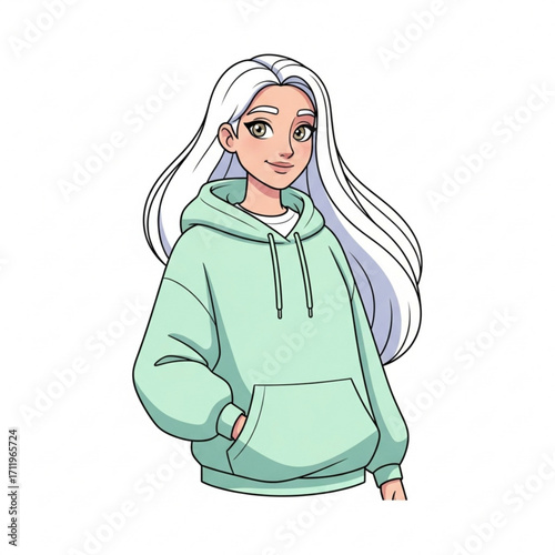Illustration of young woman with long white hair wearing a mint green hoodie