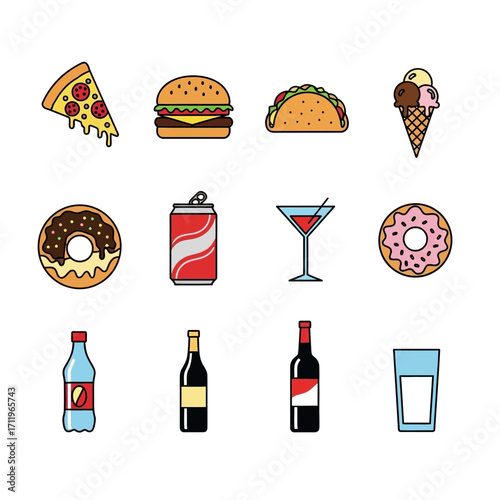 Collection of Colorful Fast Food and Drink Icons on White Background.
