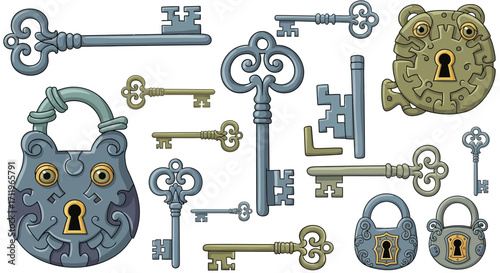 Collection of Antique Keys and Locks, Vintage Security Hardware.