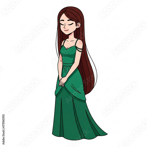 Illustration of young woman in a green dress with long brown hair