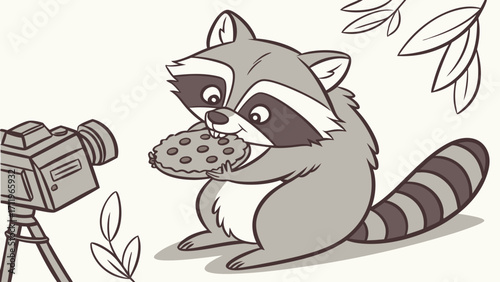 Cartoon raccoon eating cookie in front of camera on tripod cute animal illustration food blog vlogging video recording streaming social media online content character design mascot digi.