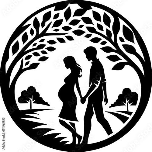 Expecting Joy in Nature: A silhouette of an expecting couple walks beneath a tree. Embracing the beauty of natural surroundings, the scene reflects the anticipation and love.