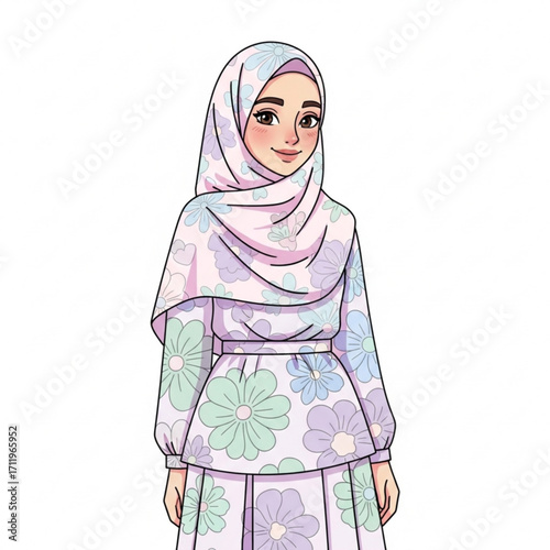 Illustration of young muslim woman wearing a floral hijab and dress