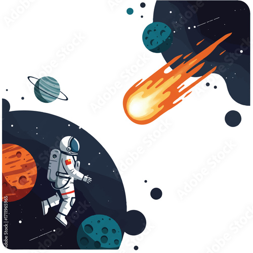 An astronaut floats in the vastness of outer space, mesmerized by a large, glowing shooting star, in a vibrant 2D flat vector illustration with simplified style, clean outlines, and distant planets.