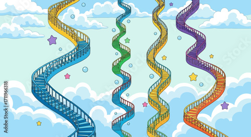 Colorful Stairways to Heaven - Whimsical Illustration of Ascending Paths.