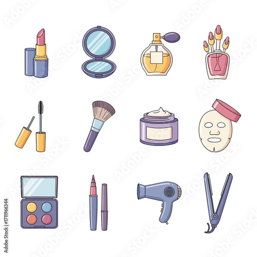 Cosmetic Products and Beauty Tools Collection in Cartoon Style.