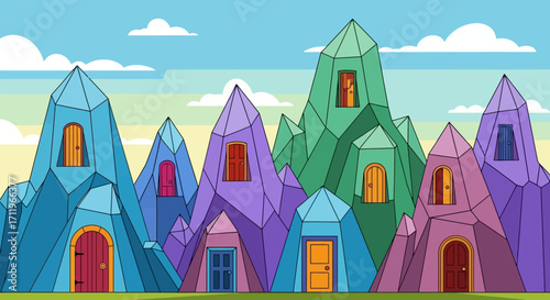 Crystal Kingdom - Colorful Crystal Buildings with Arched Doorways and Windows.