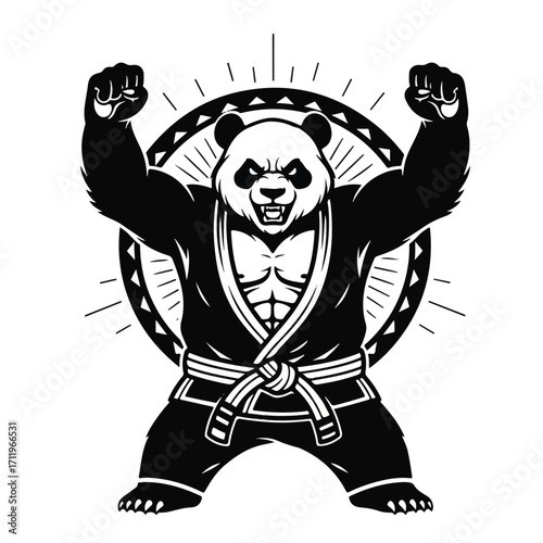 Black and white illustration of a powerful panda mascot wearing a jiu-jitsu uniform in a triumphant pose.