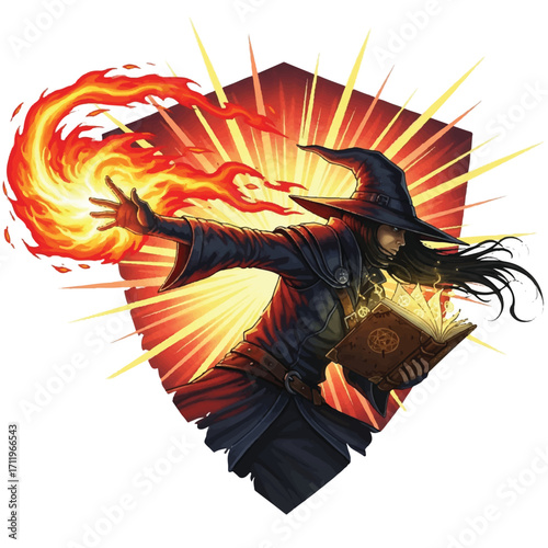 A dark-robed wizard with a pointed hat conjures a swirling ball of fire from an open spellbook.